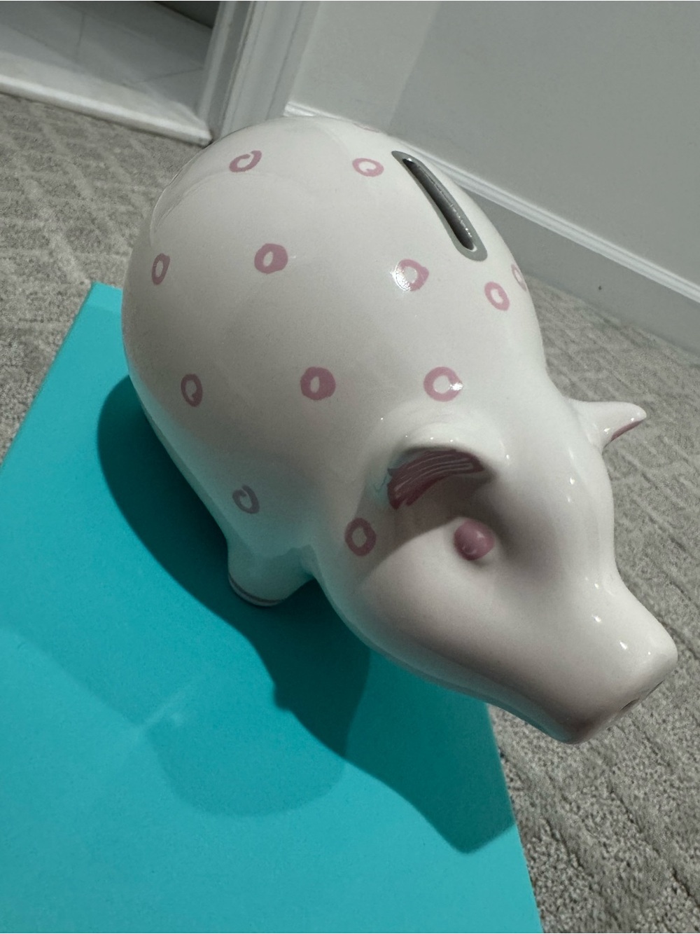Tiffany&Co Pink Polka Dot Piggy Bank in Earthenware with Pink Accents - Picture 3 of 7